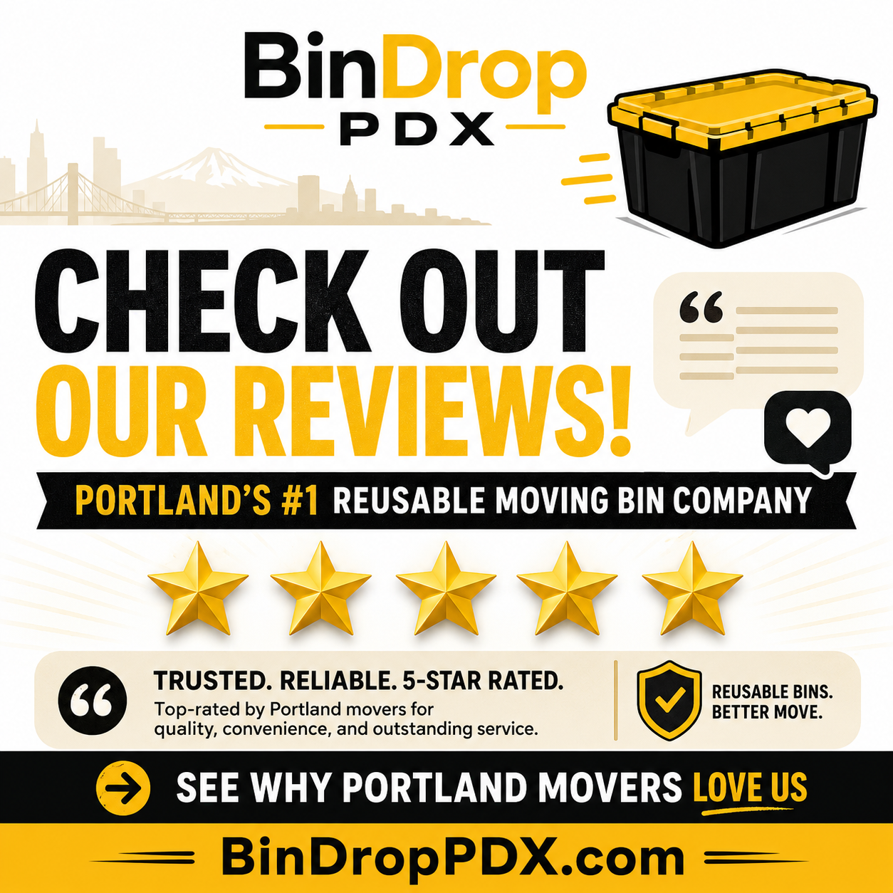BinDrop PDX owner with a stack of plastic moving boxes and hand truck